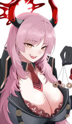 Rule 34 | 1girl, absurdres, black gloves, blue archive, blush, bra, breasts, brown eyes, cleavage, coin, demon horns, gloves, halo, highres, horns, knbd, large breasts, long hair, long sleeves, mole, mole on breast, necktie, open mouth, pink hair, red bra, red halo, red horns, red necktie, satsuki (blue archive), simple background, smile, solo, underwear, white background