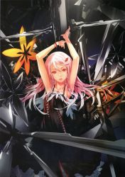 Rule 34 | 10s, 1girl, absurdres, armpits, arms up, bare shoulders, boots, bracelet, collarbone, dress, face, female focus, flower, guilty crown, hair ornament, hairclip, highres, jewelry, long hair, looking at viewer, nail polish, official art, open mouth, pink hair, red eyes, redjuice, solo, thigh boots, thighhighs, yuzuriha inori
