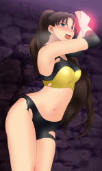 Rule 34 | 1girl, absurdres, aqua eyes, arms up, bike shorts, blush, breasts, brown hair, cowboy shot, embarrassed, fate/stay night, fate (series), hair ribbon, highres, legs, long hair, looking at viewer, magic, midriff, navel, official alternate costume, official alternate hairstyle, open mouth, ponytail, restrained, ribbon, short shorts, shorts, solo, sports bra, standing, stomach, tank top, thighs, tohsaka rin, torn bike shorts, torn clothes, torn tank top, very long hair, yadokari genpachirou