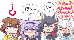 Rule 34 | 4girls, ?, animal collar, animal ears, black hair, braid, brown hair, cat ears, cat girl, collar, commentary request, crossed arms, dog ears, dog girl, dog tail, fangs, female focus, fox ears, fox girl, hololive, hololive gamers, inugami korone, inugami korone (1st costume), jacket, matarou (matarou072), multicolored hair, multiple girls, nekomata okayu, nekomata okayu (casual), ookami mio, ookami mio (casual), purple eyes, purple hair, red hair, ribbon-trimmed sleeves, ribbon trim, sailor collar, sailor shirt, shirakami fubuki, shirakami fubuki (1st costume), shirt, side braid, sleeves past wrists, streaked hair, sweater, tail, translation request, two-tone hair, virtual youtuber, white hair, wolf ears, wolf girl, yellow jacket