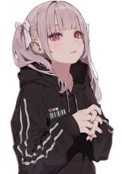 Rule 34 | 1girl, :|, barcode, black hoodie, blush, bow, closed mouth, collarbone, daluto (hitomi555), ear piercing, earrings, eyebrows hidden by hair, eyelashes, highres, hood, hoodie, jewelry, light brown hair, long hair, looking at viewer, mole, mole under eye, nail polish, original, own hands clasped, own hands together, piercing, pink eyes, simple background, solo, stud earrings, twintails, upper body, white background, white bow