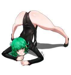 Rule 34 | 1girl, absurdres, arm rest, artist request, ass, bare legs, black dress, black footwear, blush, curly hair, curvy, dress, female focus, flexible, green eyes, green hair, highres, huge ass, jack-o&#039; challenge, looking at viewer, matching hair/eyes, meme, nail polish, one-punch man, shiny skin, shoes, side slit, signature, simple background, spread legs, stretching, tatsumaki, top-down bottom-up, white background, wide spread legs