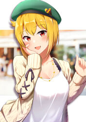 Rule 34 | 1girl, argyle cardigan, argyle clothes, beret, blonde hair, blurry, blurry background, blush, breasts, cleavage, collarbone, green hat, hand on own cheek, hand on own face, hat, heart, heart necklace, highres, ibuki tsubasa, idolmaster, idolmaster million live!, jewelry, karua (karua23), letterboxed, looking at viewer, medium breasts, necklace, outdoors, red eyes, shirt, smile, solo, upper body, white shirt