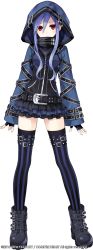 Rule 34 | 1girl, absurdres, belt, blue hair, boots, company name, dress, effole (fairy fencer f), ethel (fairy fencer f), fairy fencer f, fingerless gloves, full body, gloves, hair between eyes, highres, hood, hooded jacket, jacket, long hair, long legs, looking at viewer, official art, red eyes, short dress, simple background, solo, standing, striped clothes, striped thighhighs, thighhighs, tsunako, white background, zettai ryouiki