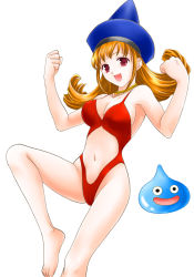 Rule 34 | 1girl, :d, alena (dq4), armpits, barefoot, beads, bikini, black eyes, blush, breasts, brown hair, casual one-piece swimsuit, chunsoft, cleavage, clenched hands, clothing cutout, dragon quest, dragon quest iv, enix, feet, groin, hat, highleg, highleg swimsuit, jewelry, large breasts, leg lift, long hair, looking at viewer, navel, navel cutout, necklace, one-piece swimsuit, ooshima towa, open mouth, orange hair, raised fist, red bikini, red eyes, red one-piece swimsuit, sideboob, sidelocks, simple background, slime (dragon quest), smile, solo, swimsuit, white background
