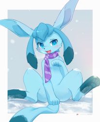 Rule 34 | 1girl, :3, ancesra, animal ears, animal feet, animal hands, animal nose, artist name, blue eyes, blue fur, blue hair, blush, body fur, border, breath, creatures (company), fang, feet, female focus, flat chest, full body, furry, furry female, game freak, gen 4 pokemon, glaceon, grey background, hand up, happy, highres, long hair, looking at viewer, matching hair/eyes, multicolored hair, nintendo, open mouth, outside border, patreon logo, patreon username, paw pose, pawpads, pokemon, pokemon (creature), purple scarf, scarf, simple background, sitting, smile, snow, snowing, solo, spread legs, striped clothes, striped scarf, tail, tongue, twintails, two-tone fur, two-tone hair, watermark, web address, white border