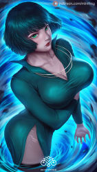 Rule 34 | 1girl, arm under breasts, artist name, bob cut, breasts, cleavage, dress, fubuki (one-punch man), green eyes, green hair, jewelry, lipstick, looking at viewer, makeup, minnhsg, mole, necklace, one-punch man, pantyhose, patreon username, side slit, solo, thighhighs