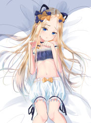 Rule 34 | 1girl, :o, abigail williams (fate), absurdres, animal ear fluff, animal ears, bare shoulders, bed sheet, blonde hair, bloomers, blue bra, blue eyes, blush, bow, bra, breasts, cat ears, fate/grand order, fate (series), forehead, hair bow, hands up, head tilt, highres, kemonomimi mode, long hair, lying, navel, on back, orange bow, parted bangs, parted lips, paw pose, purple bow, sakazakinchan, small breasts, solo, underwear, underwear only, very long hair, white bloomers