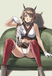Rule 34 | 1girl, animal, assisted exposure, azasuke, bare shoulders, bean bag chair, breasts, brown hair, brown skirt, cat, gloves, green eyes, holding, holding animal, holding cat, kantai collection, large breasts, miniskirt, mutsu (kancolle), panties, pantyshot, parted lips, red thighhighs, short hair, sitting, skirt, solo, spread legs, thighhighs, underwear, upskirt, white gloves, white panties