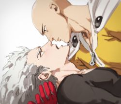 Rule 34 | 2boys, absurdres, bald, blush, cape, collarbone, dudlesnoodles, eye contact, eyebrows, garou (one-punch man), gloves, grabbing, grabbing another&#039;s hair, grey hair, highres, looking at another, male focus, multiple boys, muscular, muscular male, one-punch man, open mouth, pectorals, pointy hair, profile, red gloves, saitama (one-punch man), sideways, skin tight, superhero costume, sweatdrop, symbol-only commentary, yaoi, yellow eyes