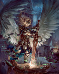 Rule 34 | 1girl, armor, blonde hair, breasts, buckle, cleavage, energy, fantasy, faulds, feathered wings, female focus, fire, fire, floating hair, gauntlets, greaves, holding, holding sword, holding weapon, indoors, large breasts, leaf, legs apart, lips, long hair, original, pale skin, pauldrons, pelvic curtain, pillar, realistic, shoulder armor, solo, pauldrons, spread wings, standing, stone floor, sword, thigh strap, tiara, watermark, weapon, web address, white wings, wind, wings, yu cheng hong