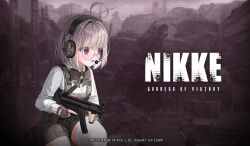Rule 34 | 1girl, ahoge, bow, brown bow, brown skirt, glasses, goddess of victory: nikke, grey background, grey hair, gun, holding, holding firearm, holding rifle, holding weapon, light grey hair, microphone, official art, open mouth, pink eyes, rifle, shift up, shirt, short hair, signal (nikke), sitting, skirt, squatting, thighhighs, weapon, white legwear, white shirt, white thighhighs