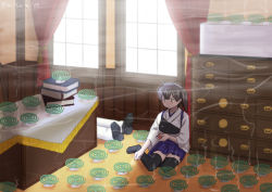 Rule 34 | 1boy, 1girl, admiral (kancolle), black thighhighs, blue hakama, book, closed mouth, curtains, desk, hakama, hakama short skirt, hakama skirt, indoors, japanese clothes, kaga (kancolle), kantai collection, lying, matchbox, matches, misumi (niku-kyu), mosquito coil, on back, ponytail, side ponytail, sitting, skirt, smoke, tasuki, thighhighs, wide sleeves, window