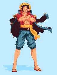 Rule 34 | 1boy, abs, aged up, alternate body hair, alternate facial hair, arm hair, belt, closed eyes, coat, coat on shoulders, cross scar, crossed arms, crown, denim, denim shorts, facial hair, full body, hat, highres, male focus, mature male, monkey d. luffy, mustache, one piece, open clothes, open shirt, red shirt, ruben menzel, sandals, scar, scar on face, scar on forehead, shirt, short hair, shorts, solo, standing, stomach, straw hat, stubble, toned, toned male