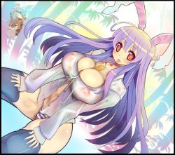 Rule 34 | 2girls, :p, angry, animal ears, between breasts, breasts, carrot, curvy, female focus, highres, huge breasts, inaba tewi, large breasts, long hair, makaroni, multiple girls, panties, purple hair, rabbit ears, red eyes, reisen udongein inaba, see-through, striped clothes, striped panties, thighhighs, tongue, tongue out, touhou, underwear