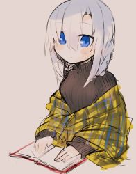 Rule 34 | 1girl, ars almal, black sweater, blue eyes, blush stickers, book, braid, breasts, brown background, closed mouth, grey hair, hair between eyes, long hair, long sleeves, looking at viewer, medium breasts, moti yousei, nijisanji, open book, ribbed sweater, shawl, sleeves past wrists, solo, sweater, turtleneck, turtleneck sweater, upper body, virtual youtuber