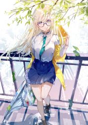 Rule 34 | 1girl, after rain, against railing, animal, aqua necktie, bag, bare legs, black footwear, blonde hair, blue skirt, blush, breasts, closed umbrella, collar, day, frog, from above, full body, grocery bag, highres, leaf, loafers, long hair, long sleeves, looking at viewer, looking up, medium breasts, miniskirt, miwano rag, necktie, off-shoulder shirt, off shoulder, open clothes, original, outdoors, parted lips, pleated skirt, purple-framed eyewear, purple eyes, railing, raincoat, road, shirt, shoes, shopping bag, skirt, solo, standing, street, sunlight, tree, umbrella, very long hair, white shirt