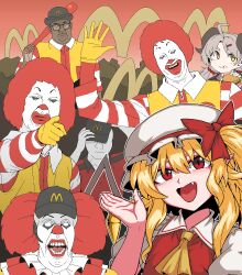 Rule 34 | 2girls, 5boys, ahoge, ascot, big smoke, blonde hair, blue archive, blush, brown eyes, burger, closed mouth, collared shirt, crossover, eating, fang, flandre scarlet, food, food on face, formicid, frilled shirt collar, frills, grand theft auto, grand theft auto: san andreas, hair ornament, hairclip, hat, highres, holding, holding food, horns, it (stephen king), izumi (blue archive), light brown hair, long hair, mcdonald&#039;s, mob cap, multiple boys, multiple crossover, multiple girls, one side up, open mouth, pennywise, pointing, pointy ears, red eyes, red vest, ronald mcdonald, shirt, short sleeves, smile, touhou, twintails, vest, white headwear, white shirt, wojak, yellow ascot