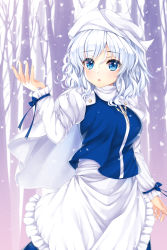 Rule 34 | 1girl, apron, bad id, bad pixiv id, blue eyes, blue shirt, breasts, capelet, forest, hat, highres, juliet sleeves, kitou kaitai, letty whiterock, long sleeves, md5 mismatch, nature, puffy sleeves, shirt, short hair, skirt, skirt set, snowing, solo, touhou, triangular headpiece, vest, waist apron, white hair, white hat, white sleeves