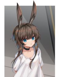 Rule 34 | 1girl, amiya (arknights), animal ears, arknights, black choker, blouse, blue eyes, brown hair, choker, collarbone, commentary request, highres, infection monitor (arknights), long hair, looking at viewer, parted lips, rabbit ears, shirt, short sleeves, solo, spacelongcat, upper body, white shirt