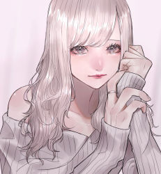 Rule 34 | 1girl, blush, clenched hand, collarbone, eyebrows hidden by hair, grey eyes, grey sweater, highres, jewelry, light smile, looking at viewer, mano aaa, necklace, off-shoulder sweater, off shoulder, original, platinum blonde hair, portrait, ring, solo, sweater