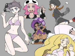 Rule 34 | 1boy, 1other, 5girls, alternate costume, anger vein, ass, bad id, bad pixiv id, barefoot, bikini, black-framed eyewear, black hair, blonde hair, blue eyes, blush, bonnet, boots, breasts, bright pupils, brown eyes, brown hair, caitlin (pokemon), cleavage, clenched hand, closed eyes, collarbone, creatures (company), dark-skinned female, dark skin, diantha (pokemon), dirty, dirty clothes, drawing on another&#039;s face, eyelashes, eyeshadow, game freak, gloves, grey background, grey eyes, grey gloves, hand up, hapu (pokemon), hat, highres, holding, holding pen, holding removed eyewear, jewelry, jumpsuit, kneeling, long hair, long sleeves, looking at viewer, looking back, lyra (pokemon), makeup, multi-tied hair, multiple girls, nail polish, navel, necklace, nintendo, nutkingcall, open mouth, panties, pen, pokemon, pokemon bw, pokemon hgss, pokemon sm, pokemon xy, purple bikini, purple nails, short hair, short sleeves, silver (pokemon), simple background, skirt, skirt tug, sleeveless, smile, squatting, striped clothes, striped panties, sunglasses, sweat, swimsuit, team rocket, team rocket uniform, team skull grunt, teeth, toes, tongue, tongue out, twintails, underwear, unworn eyewear, v-shaped eyebrows, white headwear, wristband