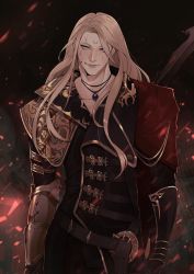Rule 34 | 1boy, armor, belt, black jacket, blonde hair, blood, blood on face, blue eyes, cape, choker, collarbone, final fantasy, final fantasy xiv, forehead jewel, hair over one eye, highres, holding, holding weapon, jacket, long hair, looking at viewer, loose belt, male focus, open collar, ornate clothes, parted bangs, pendant choker, red cape, shuwu c, smile, upper body, weapon, weapon behind back, zenos yae galvus