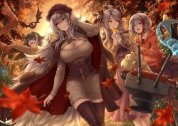 Rule 34 | 4girls, admiral graf spee (azur lane), antenna hair, autumn leaves, azur lane, beige coat, black hair, blue eyes, blunt bangs, blurry, blush, boots, bow, breasts, brown coat, brown footwear, brown headwear, cannon, casual, cleavage, cleavage cutout, clothing cutout, coat, corset, depth of field, deutschland (azur lane), dress, fins, fish tail, floating hair, food, graf zeppelin (azur lane), hair between eyes, hair bow, hair flaps, hat, holding, holding food, large breasts, lioreo, long hair, long sleeves, looking at viewer, multicolored hair, multiple girls, open clothes, open coat, open mouth, orange sweater, outdoors, parted lips, pink dress, prinz eugen (azur lane), red eyes, red hair, scarf, short hair, sidelocks, silver hair, smile, streaked hair, sunset, sweater, sweater dress, tail, thigh boots, thighhighs, turret, two side up, very long hair, walking, wind