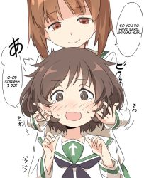 Rule 34 | 2girls, ^^^, akiyama yukari, black neckerchief, blush, brown eyes, brown hair, clenched hands, closed mouth, embarrassed, furrowed brow, girls und panzer, green sailor collar, half-closed eyes, hand in another&#039;s hair, hands up, hard-translated, head down, ixy, light brown hair, long sleeves, looking at another, looking at viewer, looking down, messy hair, motion lines, multiple girls, neckerchief, nishizumi miho, ooarai school uniform, open mouth, playing with another&#039;s ears, sailor collar, school uniform, serafuku, short hair, simple background, sleeve cuffs, smile, sound effects, speech bubble, sweat, tareme, tearing up, third-party edit, translated, trembling, wavy hair, wavy mouth, white background