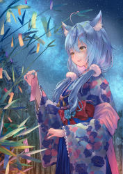 Rule 34 | 1girl, absurdres, ahoge, animal ear fluff, bamboo, bamboo forest, blue hair, blue hakama, blue kimono, blue skirt, blush, cat girl, closed eyes, cowboy shot, floral print, forest, from side, hair between eyes, hakama, hakama skirt, heart, heart ahoge, highres, holding charm, hololive, japanese clothes, kimono, long hair, looking at object, low twintails, multicolored hair, nature, night, night sky, parted lips, print kimono, shawl, skirt, sky, smile, solo, star (sky), starry sky, streaked hair, tanabata, tanzaku, twintails, very long hair, virtual youtuber, wide sleeves, xyunx, yellow eyes, yukihana lamy, yukihana lamy (new year)