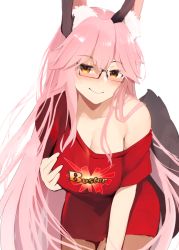 Rule 34 | 1girl, animal ear fluff, animal ears, bare shoulders, blush, breasts, buster shirt, cleavage, collarbone, fate/grand order, fate (series), fox ears, fox girl, fox tail, glasses, hair between eyes, koyanskaya (fate), kujiran, large breasts, long hair, looking at viewer, pink hair, red shirt, shirt, short sleeves, sidelocks, simple background, smile, solo, tail, tamamo (fate), thighs, very long hair, white background, yellow eyes
