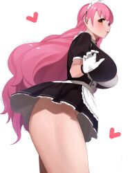 Rule 34 | 1girl, aizono manami, aizono manami (1st costume), black dress, black ribbon, blush, breasts, dress, from side, gloves, heart, highres, huge breasts, long hair, maid, maid headdress, nijisanji, nose, parted lips, pink hair, pink lips, ribbon, senju (snz0), short sleeves, simple background, smile, solo, standing, thick eyebrows, thighs, virtual youtuber, wavy hair, white background, white gloves, white headdress, yellow eyes