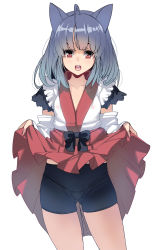 Rule 34 | 1girl, ahoge, animal ears, bike shorts, clothes lift, cowboy shot, detached sleeves, frills, grey hair, highres, japanese clothes, kouno (masao), lifting own clothes, long hair, miko, open mouth, original, pleated skirt, red eyes, skirt, skirt lift, solo, standing, white background