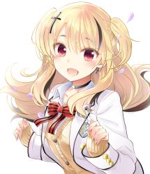 Rule 34 | 10s, 1girl, :d, black hair, blazer, blonde hair, blush, cardigan, cross hair ornament, hair between eyes, hair ornament, hands up, highres, jacket, kishuku gakkou no juliet, long hair, looking at viewer, multicolored hair, natsupa, open clothes, open jacket, open mouth, petals, red eyes, school uniform, sleeves past wrists, smile, solo, somali longhaired, streaked hair, two side up, upper body, wavy hair, white jacket