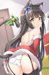 Rule 34 | 1girl, :o, absurdres, animal ears, ass, backless dress, backless outfit, bare shoulders, bell, black thighhighs, blue bow, blue eyes, blurry, blurry background, blush, bow, cat ears, cat girl, cat tail, christmas, depth of field, detached sleeves, door, dress, from behind, fur-trimmed dress, fur-trimmed sleeves, fur trim, garter straps, gift, green bow, hair bow, half updo, heterochromia, highres, indoors, jingle bell, keiran (ryo170), leaning forward, looking at viewer, looking back, original, panties, parted lips, red dress, red sleeves, sack, santa costume, solo, strapless, strapless dress, tail, tail bell, tail bow, tail ornament, tail raised, thighhighs, underwear, white panties, yellow eyes