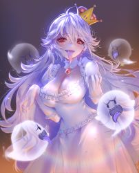 Rule 34 | 1girl, bad id, bad pixiv id, blush, breasts, brooch, cleavage, crown, detached collar, dress, earrings, frilled dress, frilled gloves, frills, ghost pose, gloves, hair between eyes, highres, jewelry, large breasts, long hair, long tongue, looking at viewer, luigi&#039;s mansion, mario (series), new super mario bros. u deluxe, nintendo, open mouth, pointy ears, princess king boo, puffy short sleeves, puffy sleeves, red eyes, sharp teeth, short sleeves, super crown, teeth, tongue, tongue out, white dress, white gloves, white hair, zenke