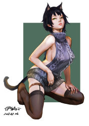 Rule 34 | 1girl, 2017, absurdres, animal ears, aran sweater, artist name, backless dress, backless outfit, bare shoulders, black hair, breasts, brown theme, brown thighhighs, cable knit, cat ears, cat girl, cat tail, dated, dress, full body, green eyes, grey dress, grey sweater, halterneck, hand on lap, hand on leg, hand on own thigh, highres, kneeling, legwear garter, looking at viewer, medium breasts, meme attire, no bra, nose, original, parted lips, pink lips, ribbed sweater, short hair, sideboob, signature, sleeveless, sleeveless turtleneck, solo, sweater, sweater dress, tail, thigh strap, thighhighs, turtleneck, turtleneck sweater, virgin killer sweater, yi cat