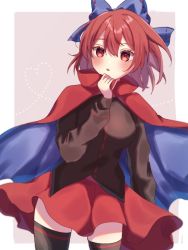 Rule 34 | 1girl, black thighhighs, blue bow, blush, bow, breasts, cape, cowboy shot, hair between eyes, hair bow, high collar, highres, long sleeves, medium breasts, miniskirt, pleated skirt, red cape, red eyes, red hair, red skirt, sekibanki, shirt, short hair, siomi 403, skirt, solo, standing, thighhighs, touhou, zettai ryouiki