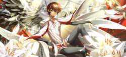 Rule 34 | 1boy, arm on knee, arm support, artist request, black pants, blurry, blurry foreground, boots, brown hair, chain, cloak, closed mouth, cloud, cloudy sky, code geass, code geass: lost stories, fake wings, feathered wings, feathers, floating clothes, flower, game cg, gem, green eyes, grey sky, happy, highres, knee boots, knee up, kururugi suzaku, layered sleeves, leaning back, light particles, light rays, lily (flower), long sleeves, looking at viewer, male focus, non-web source, official art, outdoors, pants, pillar, red gemstone, shirt, short hair, short over long sleeves, short sleeves, sidelocks, sitting, sky, smile, solo, split mouth, statue, sunlight, tabard, white cloak, white feathers, white footwear, white shirt, wings
