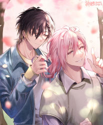 Rule 34 | 2boys, blue jacket, blurry, blurry foreground, braid, braiding hair, brown hair, dated, gradient hair, hairdressing, hand up, highres, index finger raised, izumi rei (slow damage), jacket, multicolored hair, multiple boys, one eye closed, petals, pink hair, red eyes, scar, scar across eye, scar on face, scar on hand, slow damage, towa (slow damage), willfin, yaoi