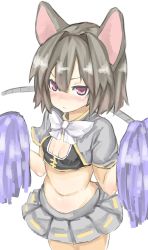 Rule 34 | 1girl, absurdres, alternate costume, animal ears, bad id, bad twitter id, breasts, capelet, cheerleader, cleavage, embarrassed, from above, grey hair, hair between eyes, highres, masuo, midriff, miniskirt, mouse ears, mouse tail, nazrin, pleated skirt, pom pom (cheerleading), red eyes, short sleeves, simple background, skirt, small breasts, solo, tail, touhou, tsundere