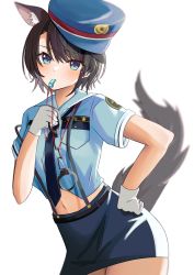 Rule 34 | 1girl, absurdres, animal ear fluff, animal ears, blue eyes, blush, c1p122, cowboy shot, crop top, cuffs, gloves, hand on own hip, handcuffs, hat, highres, holding, holding handcuffs, hololive, midriff, mouth hold, navel, oozora subaru, police, police uniform, policewoman, short hair, short sleeves, skirt, solo, stomach, swept bangs, tail, thighs, uniform, virtual youtuber, whistle, whistle around neck, white background, white gloves