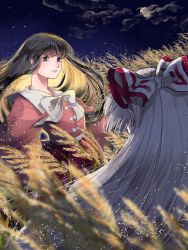 Rule 34 | 2girls, black eyes, black hair, blush, bow, cloud, cloudy sky, colored inner hair, from behind, fujiwara no mokou, hair bow, hime cut, houraisan kaguya, japanese clothes, long hair, long sleeves, looking at viewer, mokoiscat, moon, multicolored hair, multiple girls, night, night sky, pink shirt, red bow, red skirt, shirt, sidelocks, signature, skirt, sky, smile, standing, touhou, upper body, wheat field, white hair
