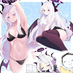 Rule 34 | 1boy, 1girl, ahoge, armpits, ass, bare arms, bare legs, bare shoulders, bikini, black bikini, black coat, black gloves, black horns, black skirt, black wings, blue archive, blush, breasts, closed eyes, closed mouth, coat, collarbone, commentary request, crescent moon, demon horns, demon wings, doodle sensei (blue archive), eko, feet, fur-trimmed coat, fur trim, gloves, halo, highres, hina (blue archive), horns, legs, long hair, long sleeves, looking at viewer, moon, motion lines, multiple horns, multiple views, navel, no shoes, paper, parted bangs, purple eyes, purple thighhighs, sensei (blue archive), shirt, skirt, sleeveless, sleeveless shirt, small breasts, star (sky), star (symbol), swimsuit, thighhighs, toes, very long hair, white hair, white shirt, wings