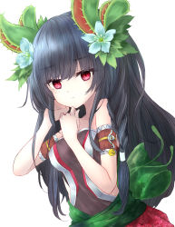 Rule 34 | 1girl, absurdres, bare shoulders, black hair, braid, breasts, closed mouth, duel monster, flower, frown, hair flower, hair ornament, highres, lazupeace, long hair, looking at viewer, medium breasts, plant, red eyes, simple background, solo, traptrix dionaea, twintails, upper body, venus flytrap, white background, yu-gi-oh!
