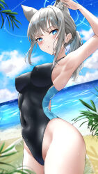 Rule 34 | 1girl, absurdres, animal ear fluff, animal ears, arm up, armpits, beach, black one-piece swimsuit, blue archive, blue eyes, blue sky, blush, breasts, cloud, competition swimsuit, covered navel, cross hair ornament, day, grey hair, hair ornament, highres, lds (dstwins97), looking at viewer, medium breasts, medium hair, ocean, official alternate costume, one-piece swimsuit, outdoors, ponytail, shiroko (blue archive), shiroko (swimsuit) (blue archive), sky, solo, swimsuit, thighs