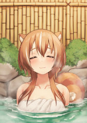Rule 34 | 1girl, :3, animal ears, ayunda risu, bamboo fence, blush, brown hair, bush, closed eyes, closed mouth, collarbone, commentary, english commentary, facing viewer, fence, highres, hololive, hololive indonesia, kangbus, long hair, multicolored hair, onsen, partially submerged, rock, sidelocks, smile, solo, squirrel ears, squirrel tail, steam, streaked hair, tail, towel, two-tone hair, upper body, virtual youtuber, water, wet, wet hair, white hair