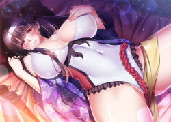 Rule 34 | 1girl, bed sheet, black hair, blush, breasts, cable, commentary request, commission, covered navel, fusou (kancolle), hair ornament, hairband, highres, japanese clothes, kantai collection, kimono, large breasts, lens flare, long hair, looking at viewer, lying, nail polish, on back, one-piece swimsuit, parted lips, pillow, pixiv commission, print kimono, purple kimono, red eyes, smile, solo, spread legs, swimsuit, thighs, white one-piece swimsuit, wide sleeves, yuuzuki hijiri