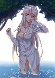Rule 34 | 1girl, breasts, cleavage, collarbone, elf, groin, hand to own mouth, large breasts, long hair, pointy ears, red eyes, shiraha (pixiv10239953), shirt, slit pupils, solo, tree, wading, water, white hair