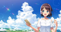 Rule 34 | 1girl, :d, bare shoulders, black hair, blue eyes, blue sky, blush, cellphone, clothing cutout, cloud, collarbone, commentary request, cumulonimbus cloud, day, fingernails, headphones, highres, holding, holding phone, horizon, looking at phone, looking away, looking to the side, open mouth, original, outdoors, phone, round teeth, shirt, short hair, short sleeves, shoulder cutout, sky, smartphone, smile, solo, sparkle, teeth, upper body, upper teeth only, wedo, white shirt